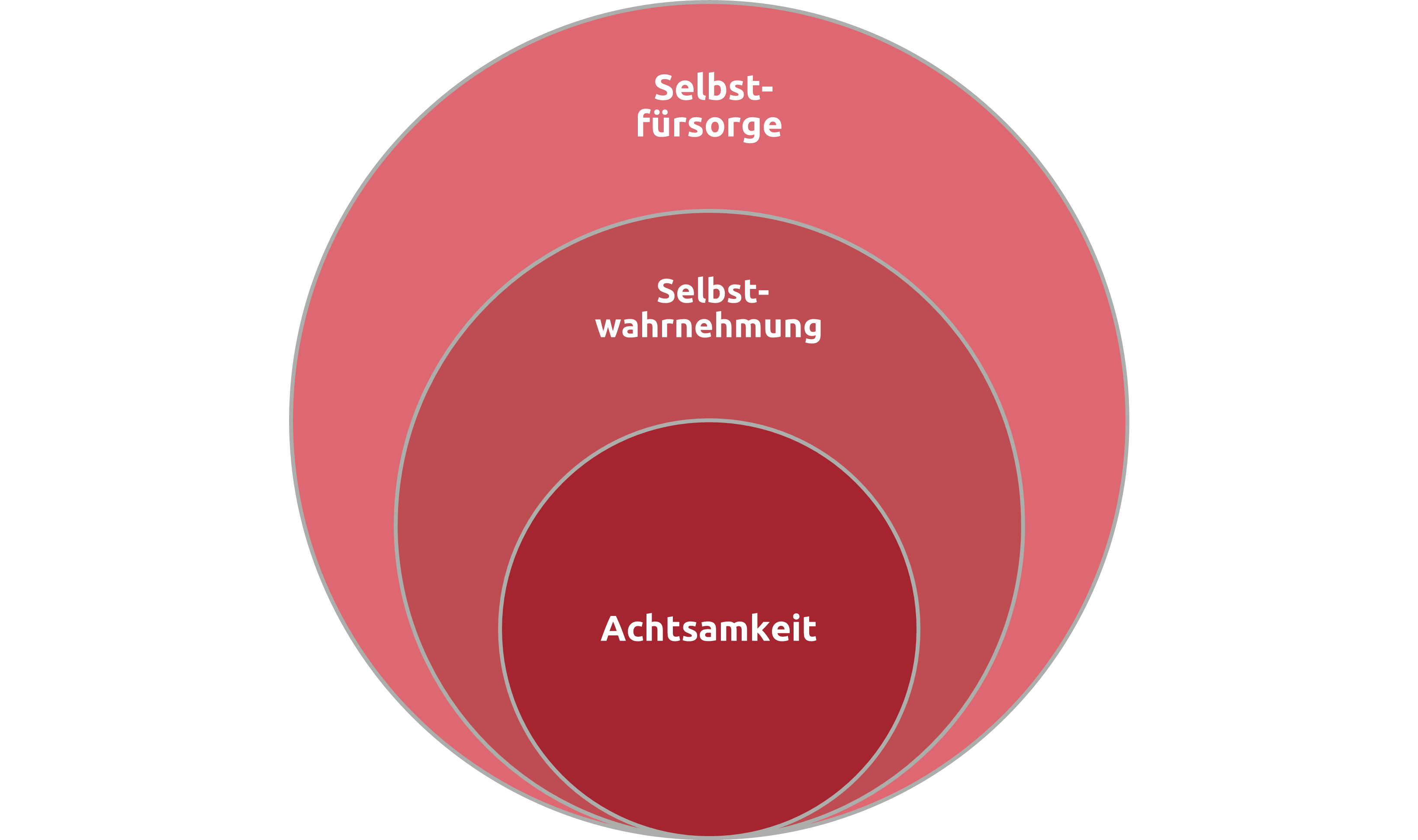 Graphik bestehend aus 3 Kreisen. Im Kern Achtsamkeit, in mittleren Kreis Selbstwahrnehmung und außen Selbstfürsorge.